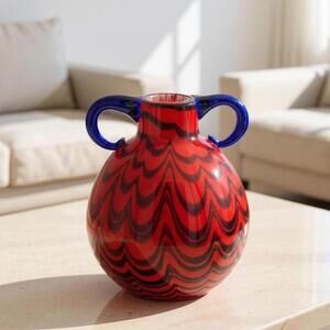 Vintage Murano Style Art Glass Vase • Red & Black Pulled Feather Swirl